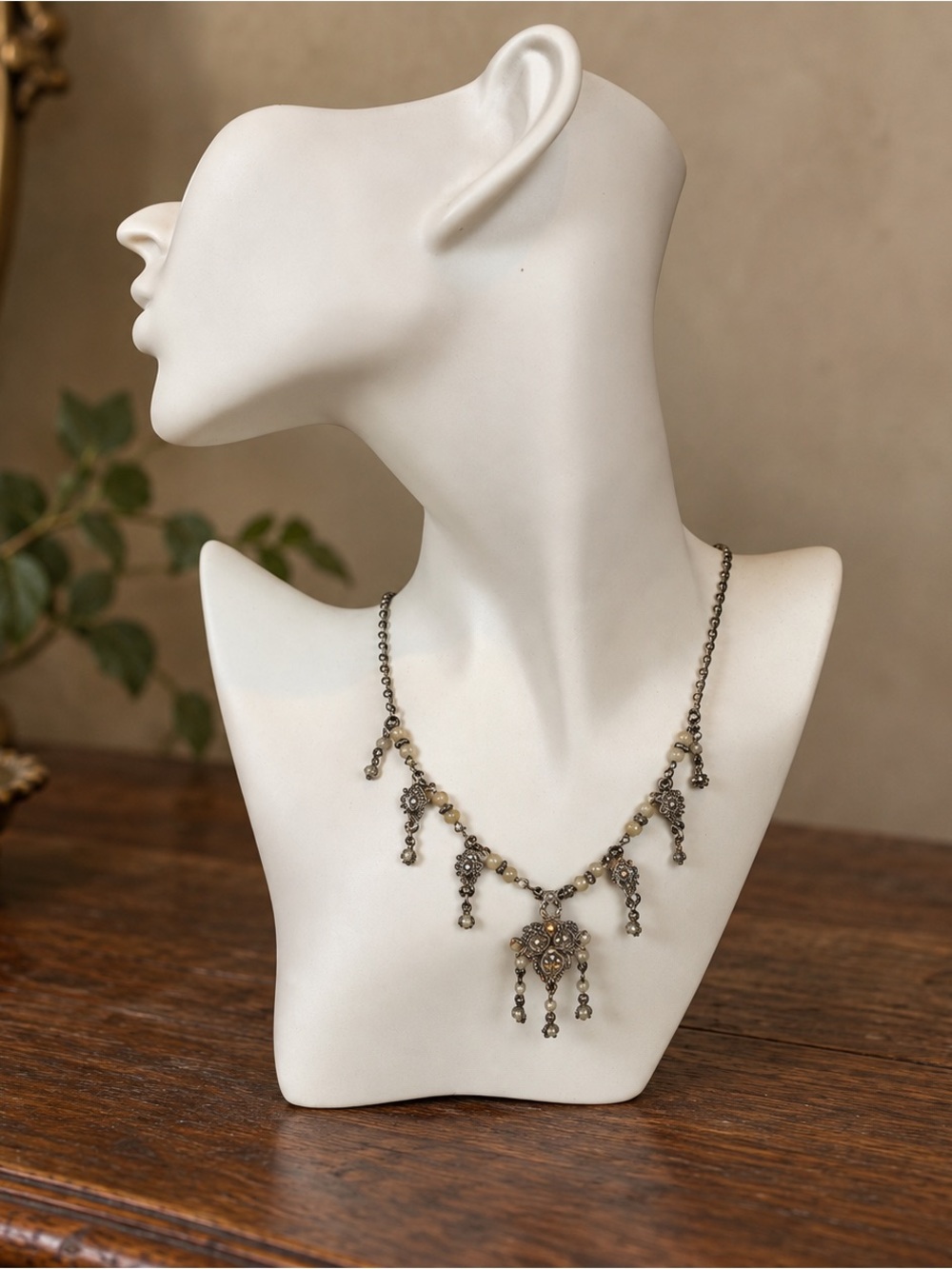 Dark Academia Regency Vintage 925 Sterling Silver Filigree Dangle Bib Necklace